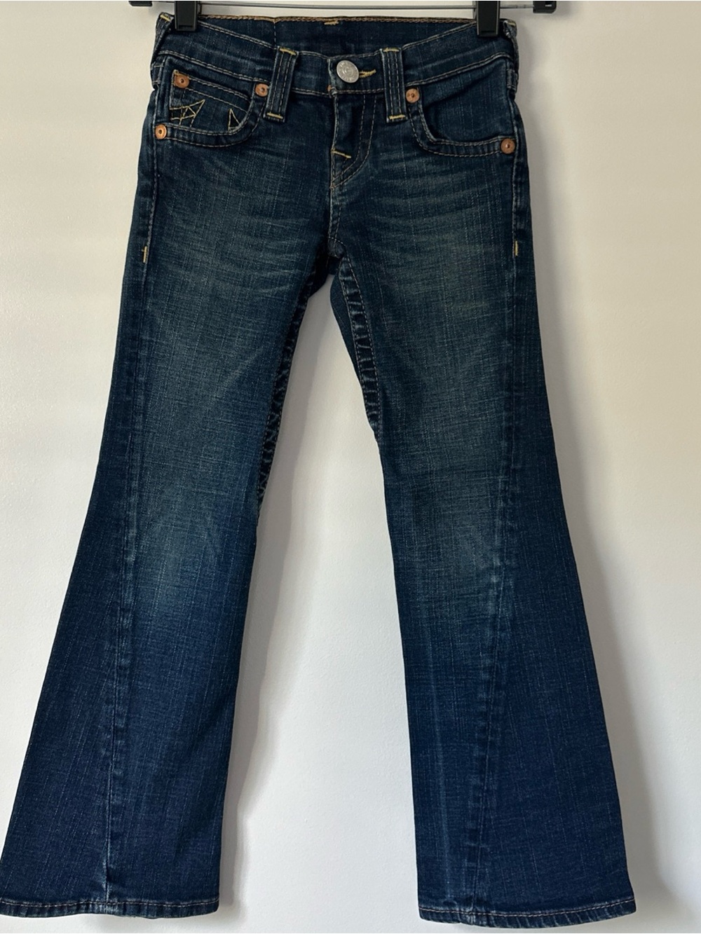 True Religion Jeans Girls Size 7 Joey Twisted Inseam Flare Flap Pockets Denim